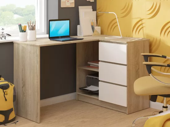 Bureau AKORD d'angle droit B16 Chêne Sonoma 124 cm 3 tiroirs façade Blanche 2 étagères 124x85x77 cm