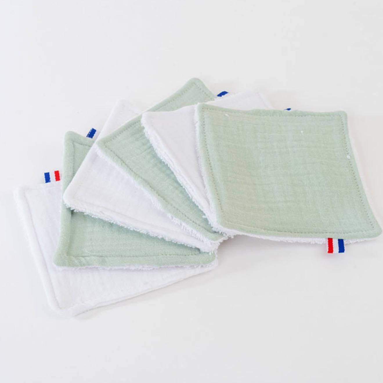 Papate Lingettes lavables en Coton Bio blanc/vert - 10x10 cm