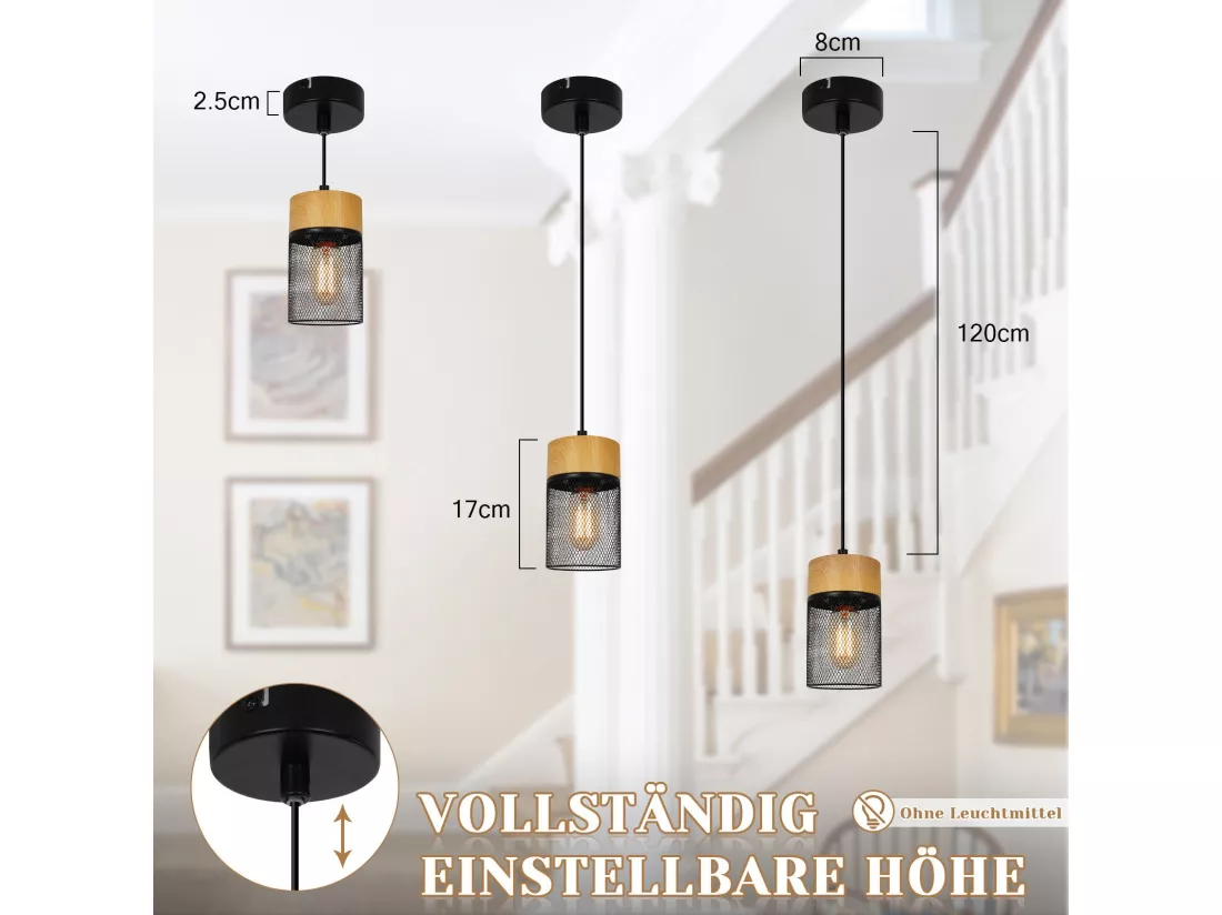 NETTLIFE Lampe à suspendre Vintage Bois veiné Table à manger Noir Industriel E27 25W Suspension