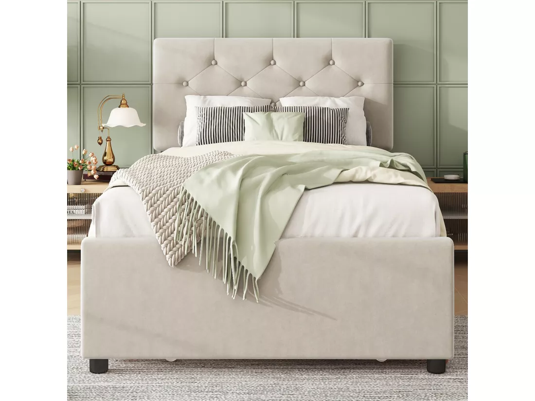 Lit gigogne 90 x 200 cm + 90 x 190 cm avec tête de lit - velours - beige (sans matelas)