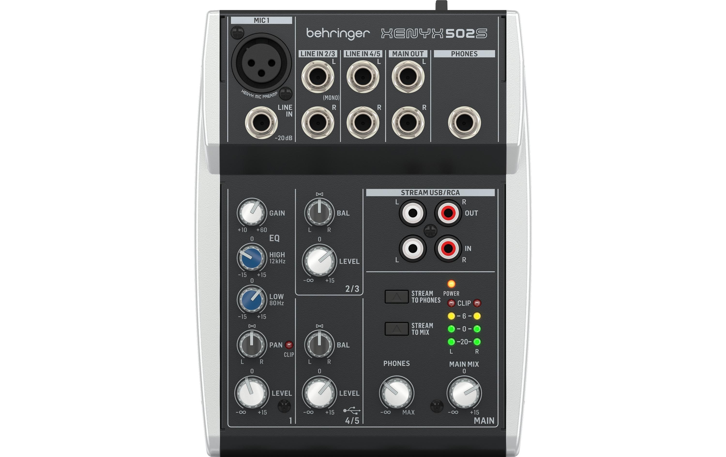 Mischpult XENYX 502SAnaloges Mischpult mit 5 Eingängen und USB-Streaming-Schnittstelle