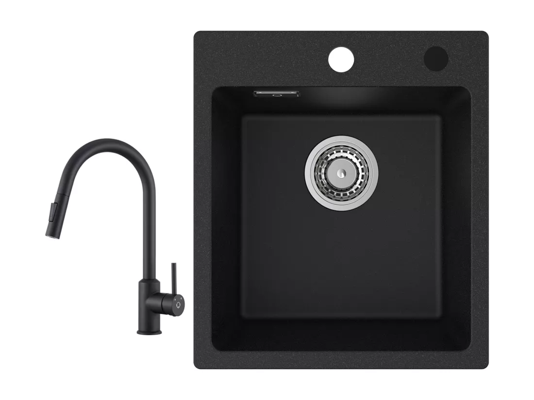 Cecipa max 40x45cm Evier de Cuisine en Quartz et Résine Evier Quartz 1 Bac Noir + Mitigeur de Cuisine avec Douchette Extractible Rotatif à 360 ° Noir