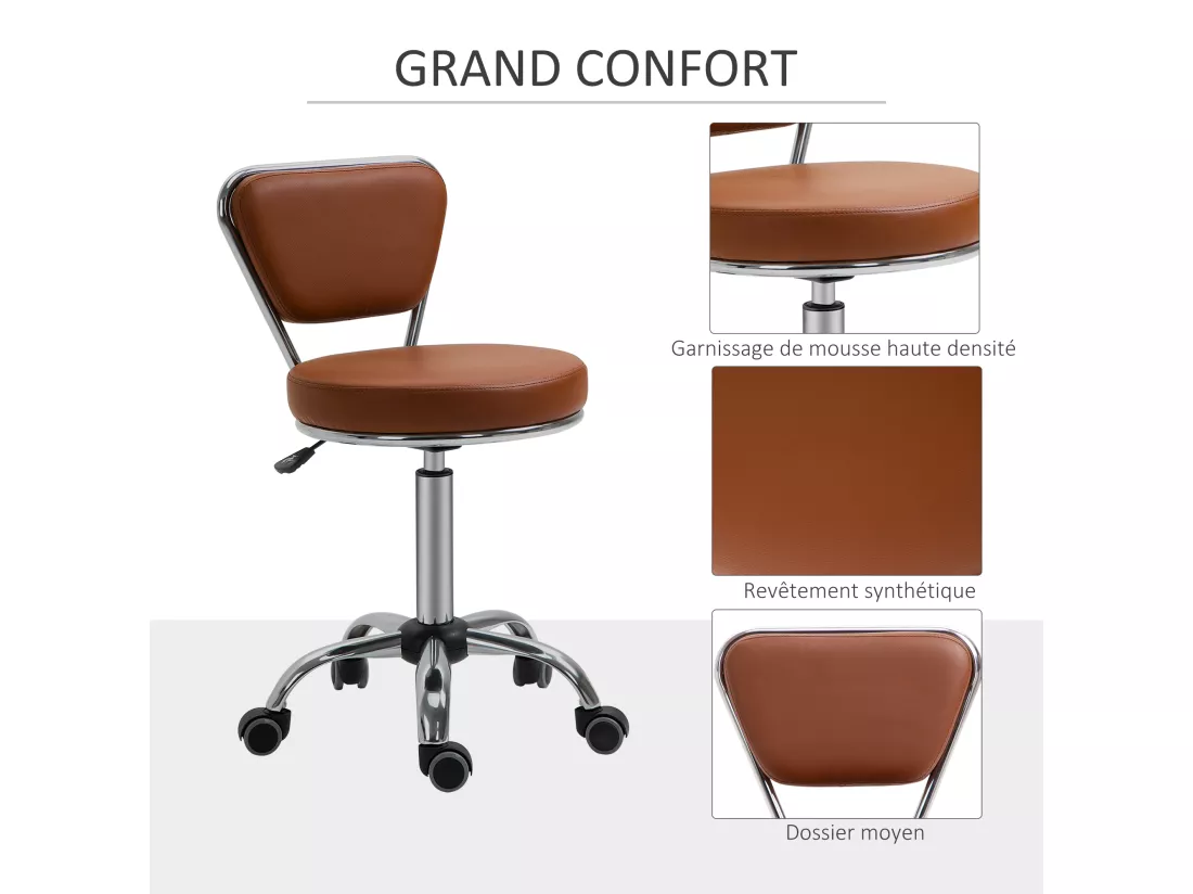 HOMCOM Tabouret de massage Vintage - tabouret de travail pivotant 360° - hauteur assise réglable 49-64 cm - revêtement synthétique marron métal chromé
