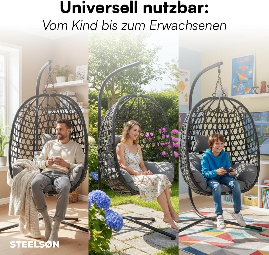 STEELSØN Sarin Hängesessel mit Gestell – Hängestuhl Rattan Outdoor & Indoor mit Kissen – Hängekorb Schwarz – Gartenschaukel für Erwachsene & Kinder – Korbhängesessel faltbar – Hanging chair bis 150 kg