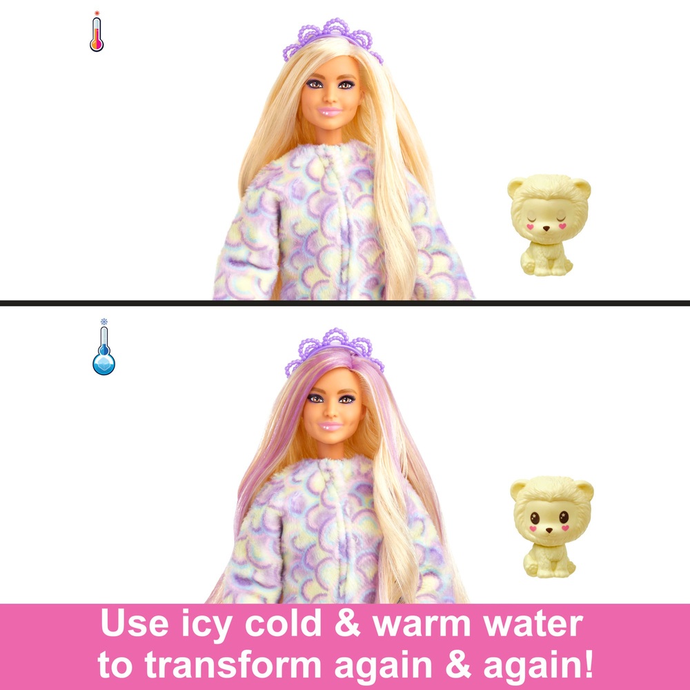 Barbie Cutie Reveal Cozy Cute Tees Puppe mit Löwen-Plüschkostüm und 10 Überraschungen
