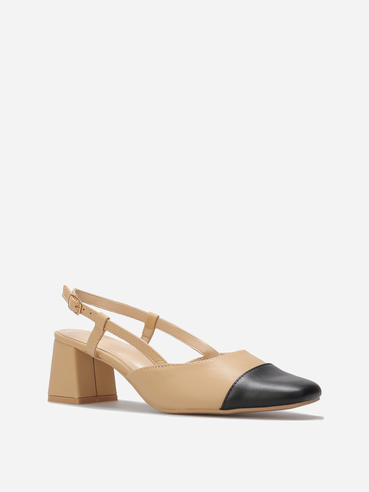 Escarpins slingback bicolore à talon carré- Beige