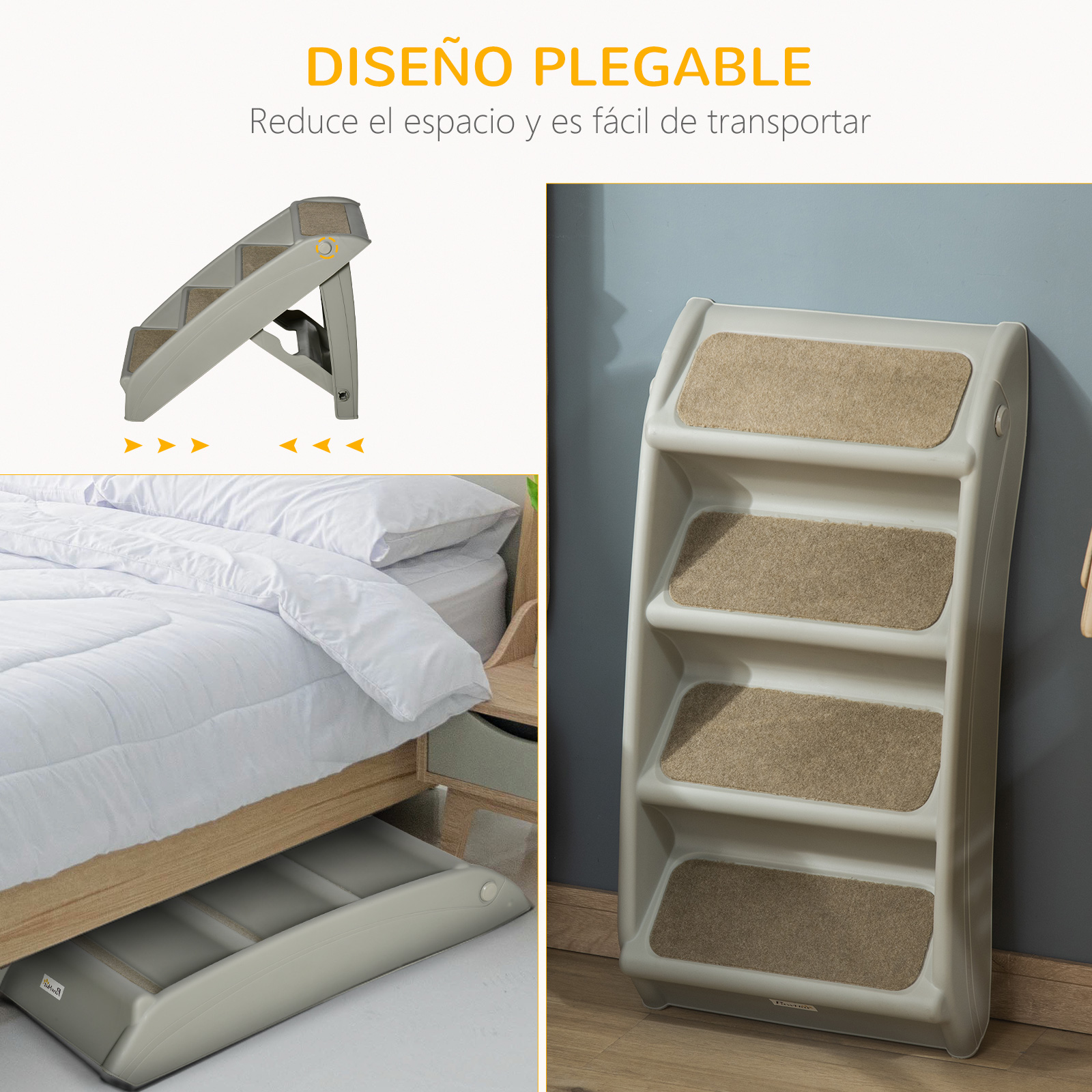 Escada dobrável de 4 degraus PawHut para animais de estimação, escada portátil para cães e gatos com tapetes antiderrapantes para cama e sofá, capacidade de carga de 20 kg, 62 x 38 x 49,5 cm, cinza.