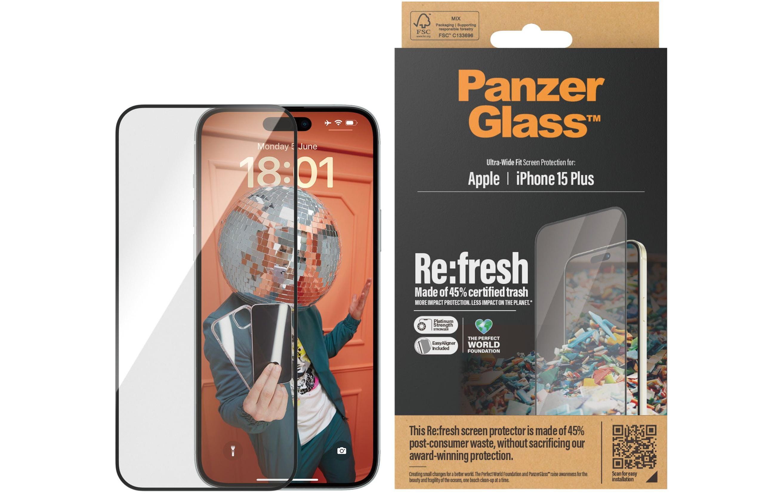 Displayschutz Refresh iPhone 15 PlusDisplayschutzfolie mit Applicator und 45% recyceltem Glas für das Apple iPhone 15 Plus