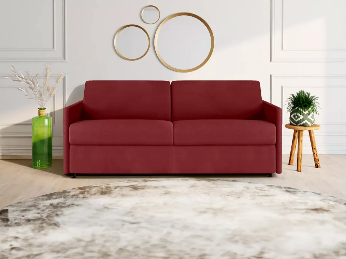 Canapé 4 places convertible express en tissu rouge - Couchage 160 cm - Matelas 18 cm CALIFE