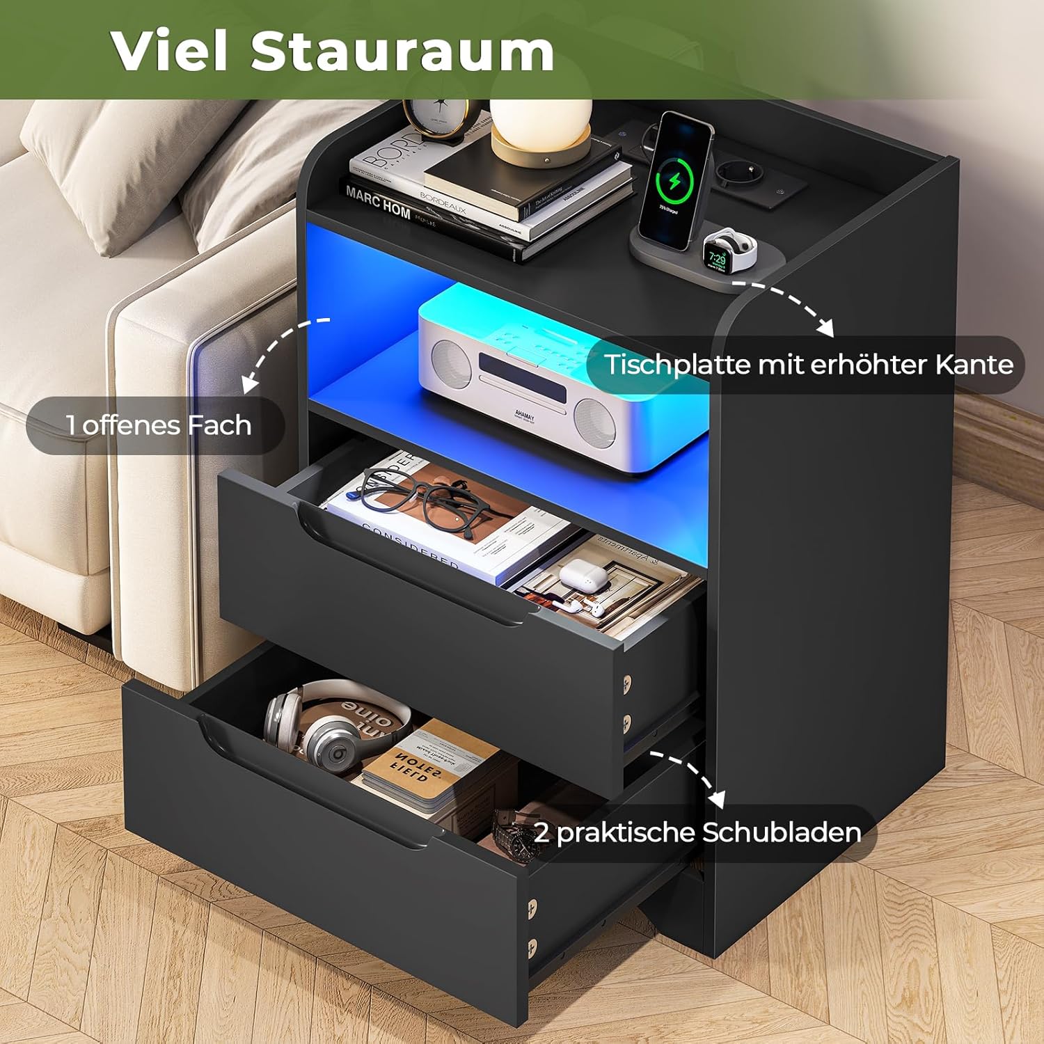 Nachttisch 2er Set Nachttische mit Ladefunktion und LED-Licht Nachtschrank 2er Set mit 2 Schubladen Nachttisch Schwarz Beistelltisch Schwarz Couchtisch Sofatisch für Schlafzimmer, Wohnzimmer