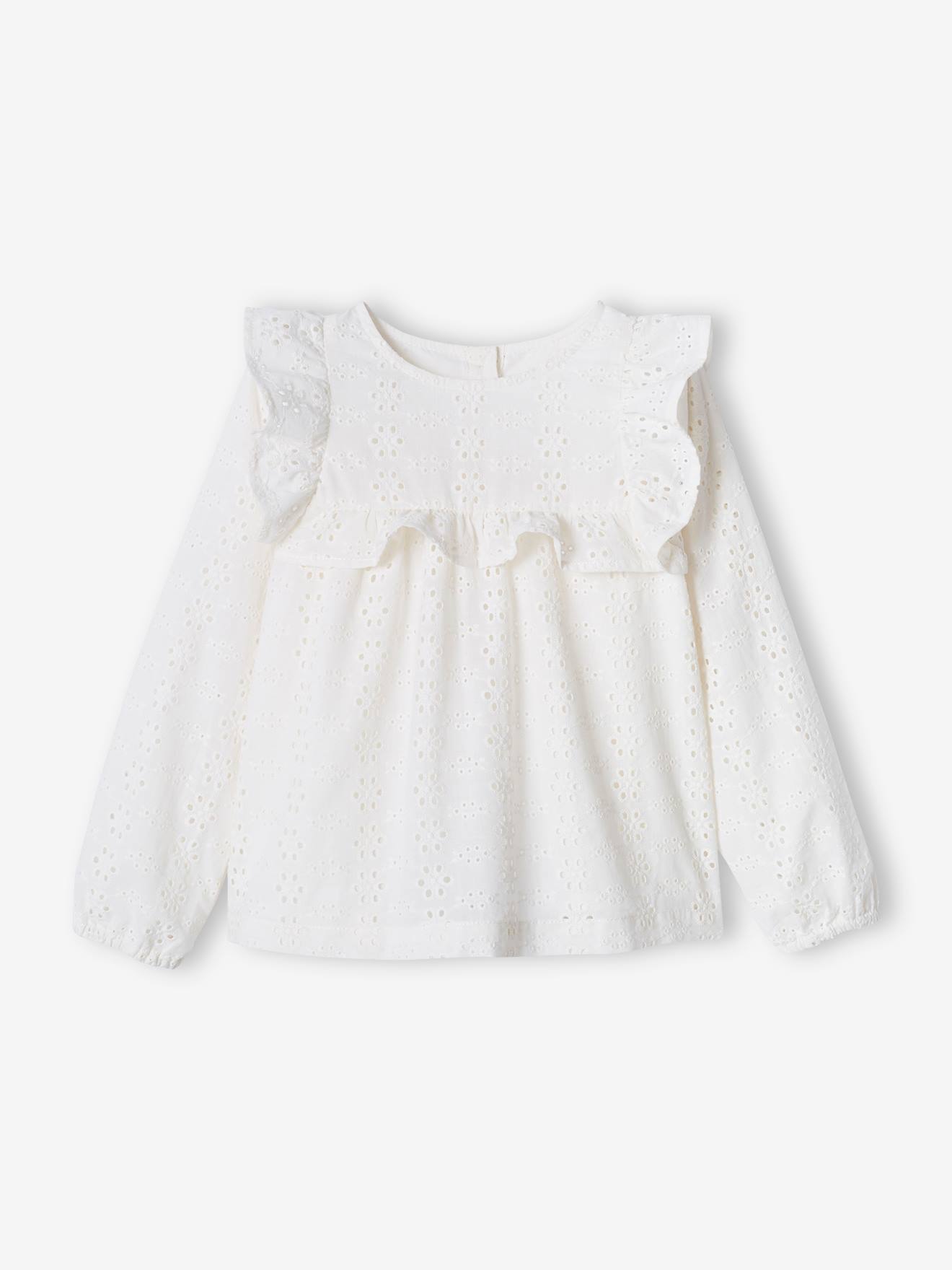 Blusa off-white com babados bordados à inglesa para meninas