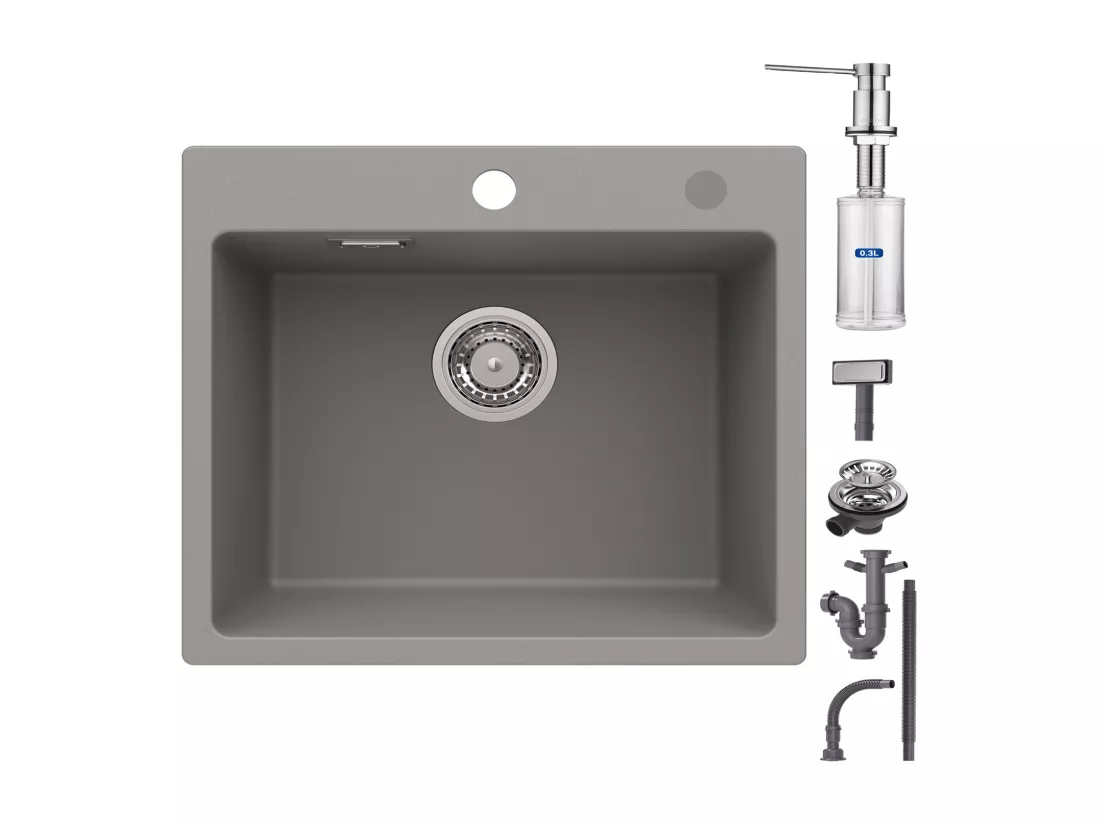 Cecipa max Evier Quartz 50x45cm + 300ML Distributeur de Savon Brossé - Evier 1 Bac en Quartz Evier de Cuisine- Evier à Encastrer 1 Vasqu - Evier Gris