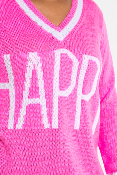 Pullover, Straight Fit, HAPPY Schriftzug, Langarm, neon berry