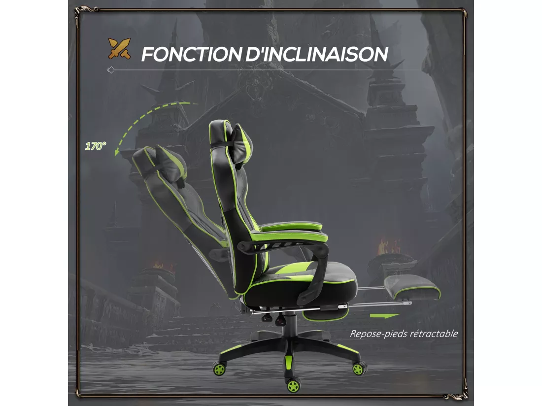 Vinsetto Fauteuil de bureau gamer style baquet racing - pivotant, inclinable - coussin lombaire, tétière, repose-pieds inclus - revêtement synthétique vert noir