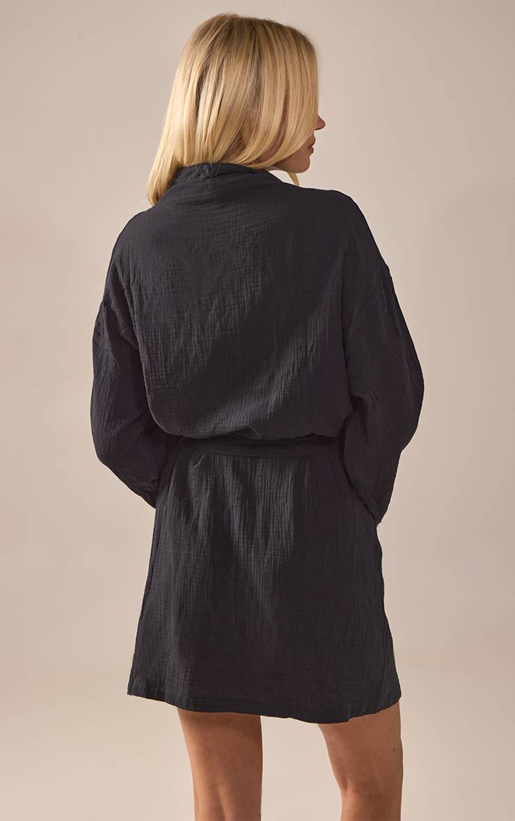 Noir Robe De Chambre Mi-longue En Gaze De Coton Avec Ceinture Nouée À La Taille