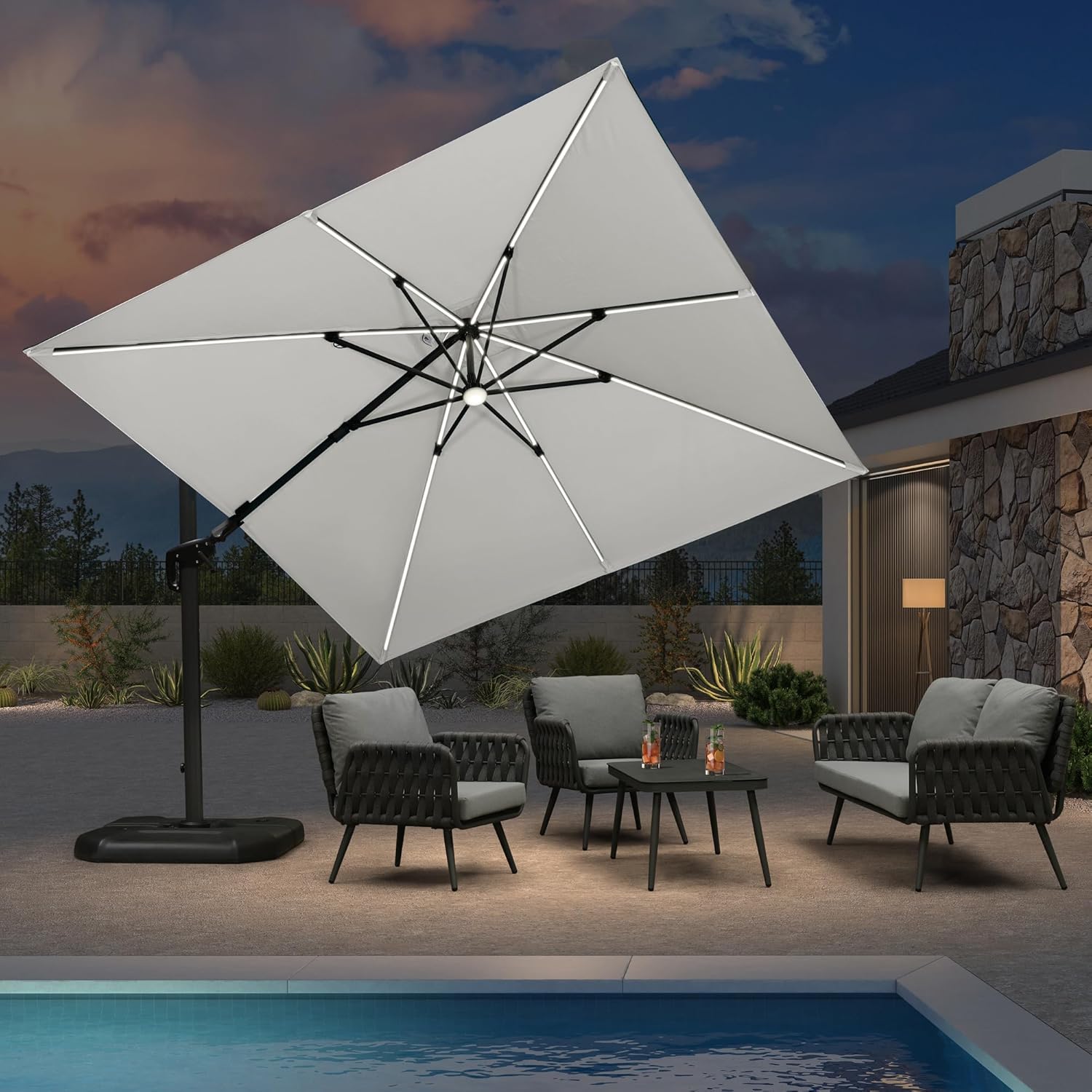 PURPLE LEAF Ampelschirm 300 x 300 cm Sonnenschirm mit LED Beleuchtung, Neigbar Kippbar Gartenschirm mit Kurbel, Aluminium Gestell, 360° Rotation, Weiß
