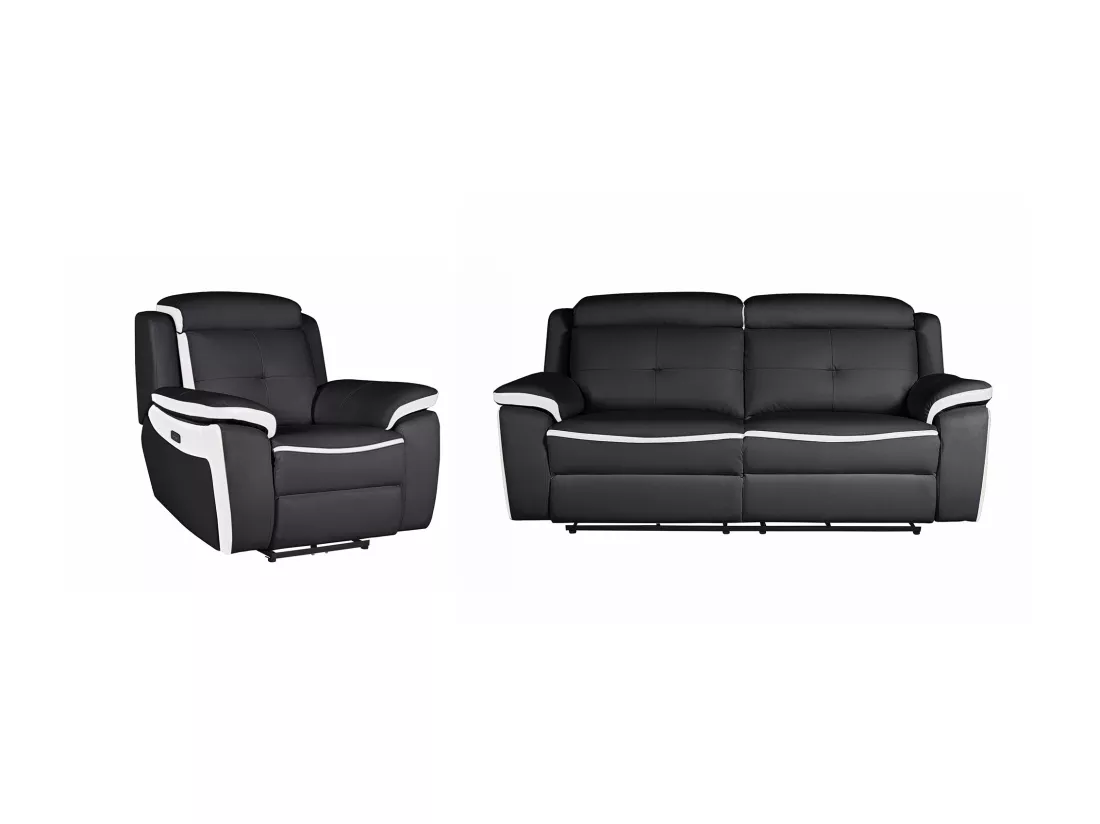 Canapé 3 places et un fauteuil relax électrique en cuir ANGELIQUE - Noir/blanc