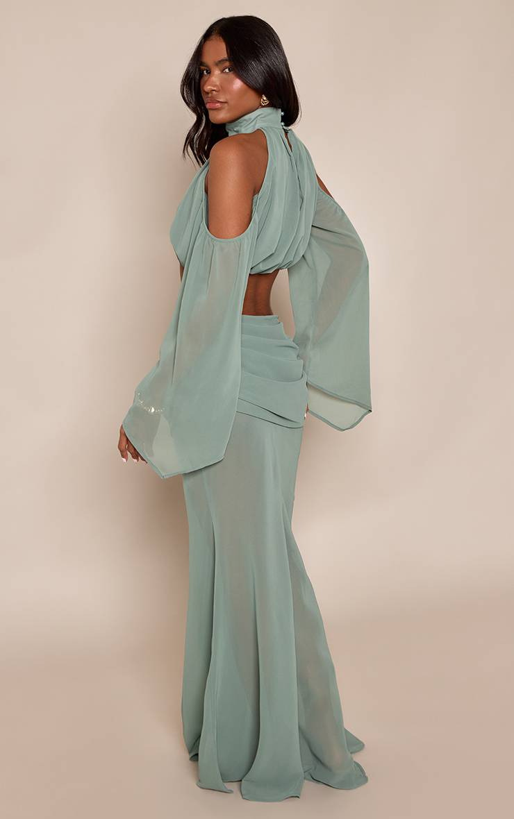Vert Jupe Longue Co-ord En Mousseline Avec Détail Drapé À La Taille