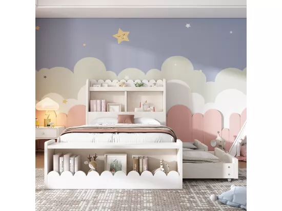 Lit simple enfant 90x190 cm, avec tiroirs, étagères et espace de rangement, blanc + couleur chêne