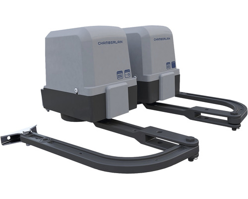 Chamberlain CHAA250EVC draaipoortaandrijving voor draaipoorten, inclusief 2 x design afstandsbedieningen, 1 x infrarood fotocel en 2 x 2 sleutels voor noodontgrendeling.