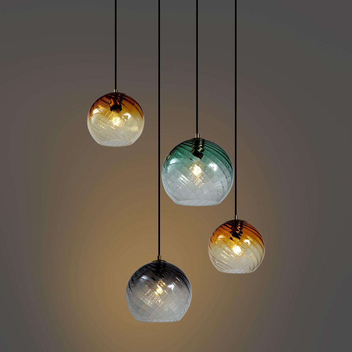 Hanglamp brons met smoke amber en groen glas rond 4-lichts - Bao