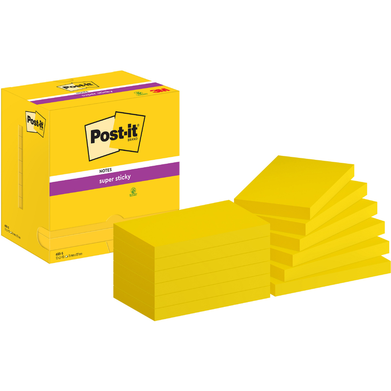 Post-it Haftnotizen 655-S Super Sticky, 76 x 127 mm, 12 x 90 Blatt
