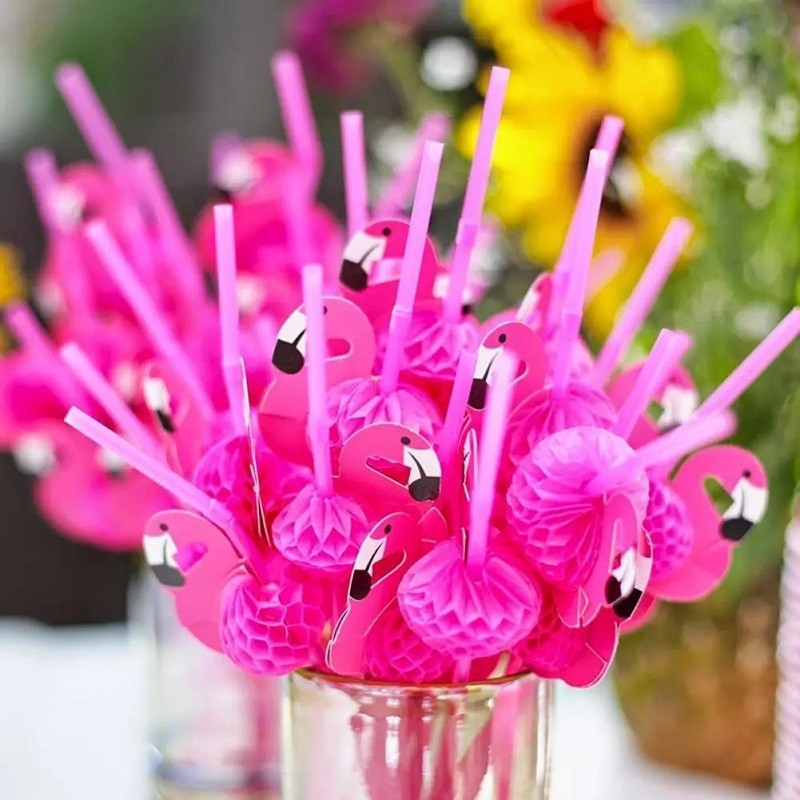 (50er Set) Flamingo Strohhalme Hawaii Party Deko Sommer Trinkhalme - Pink