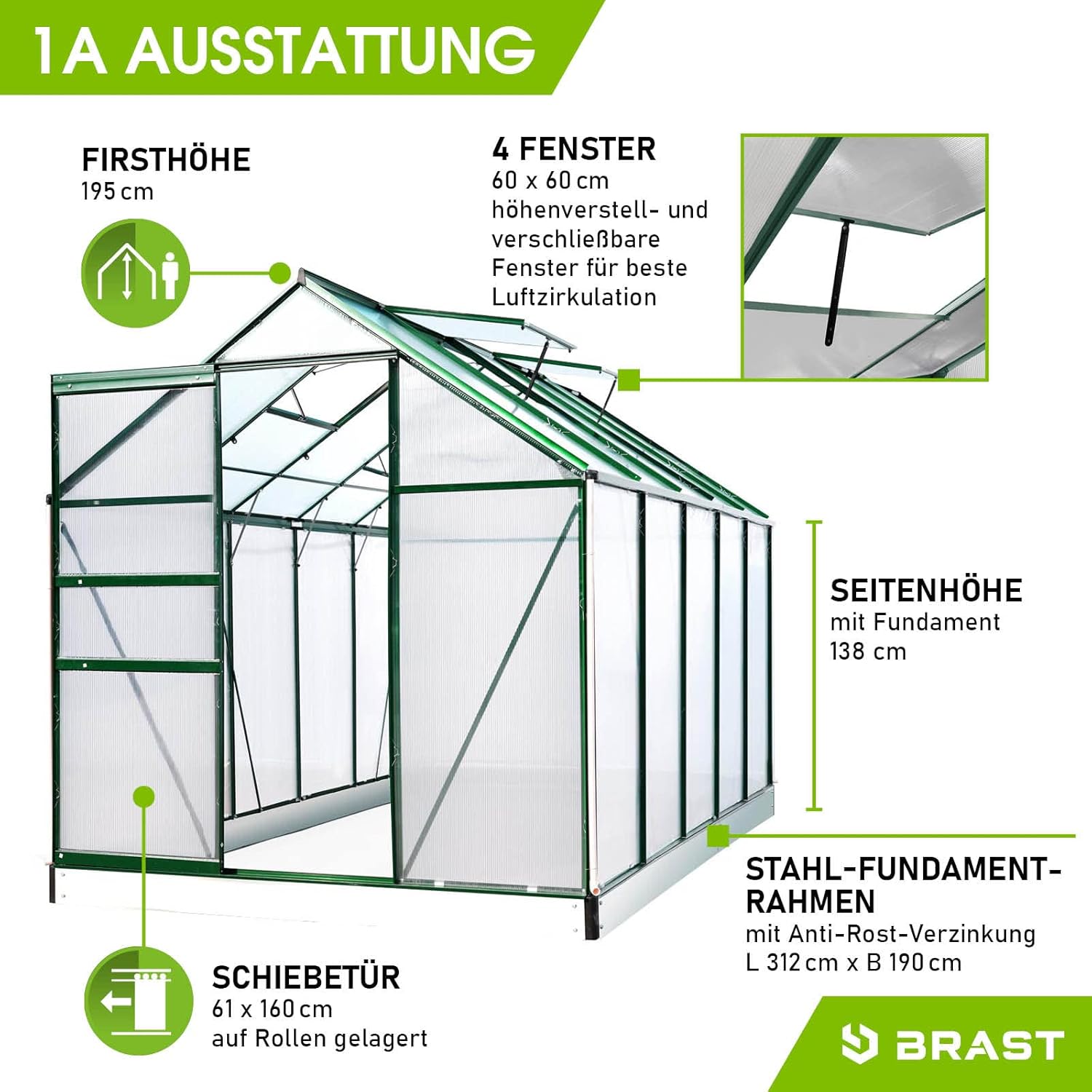 BRAST Gewächshaus Aluminium mit Fundament | 42 Modelle | 130x190x195cm - 490x250x235cm | TÜV geprüft | 6mm Hohlkammerplatten | rostfrei wetterfest temperaturbeständig | 310x190x195cm Grün