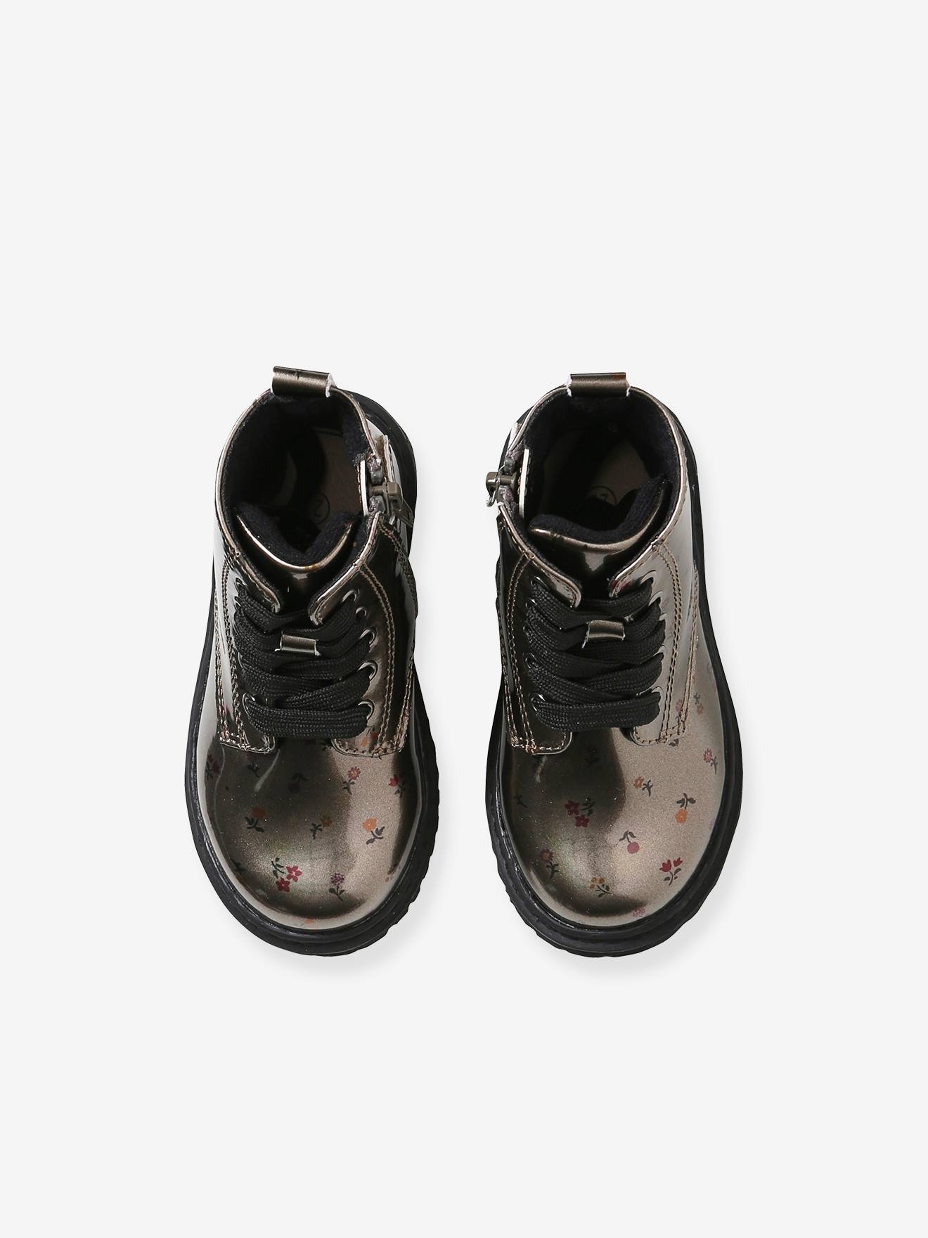 Botas de cano curto estampadas com cadarço e zíper, para bebê menina, estampa cinza médio