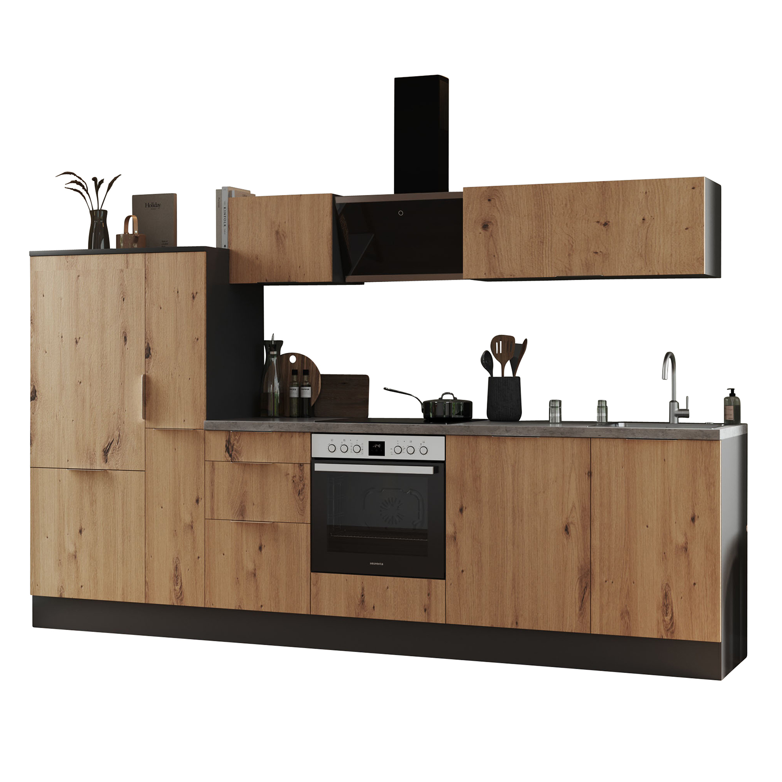 RESPEKTA Küchenblock - Artisan Eiche - grau matt - mit E-Geräten - 310 cm