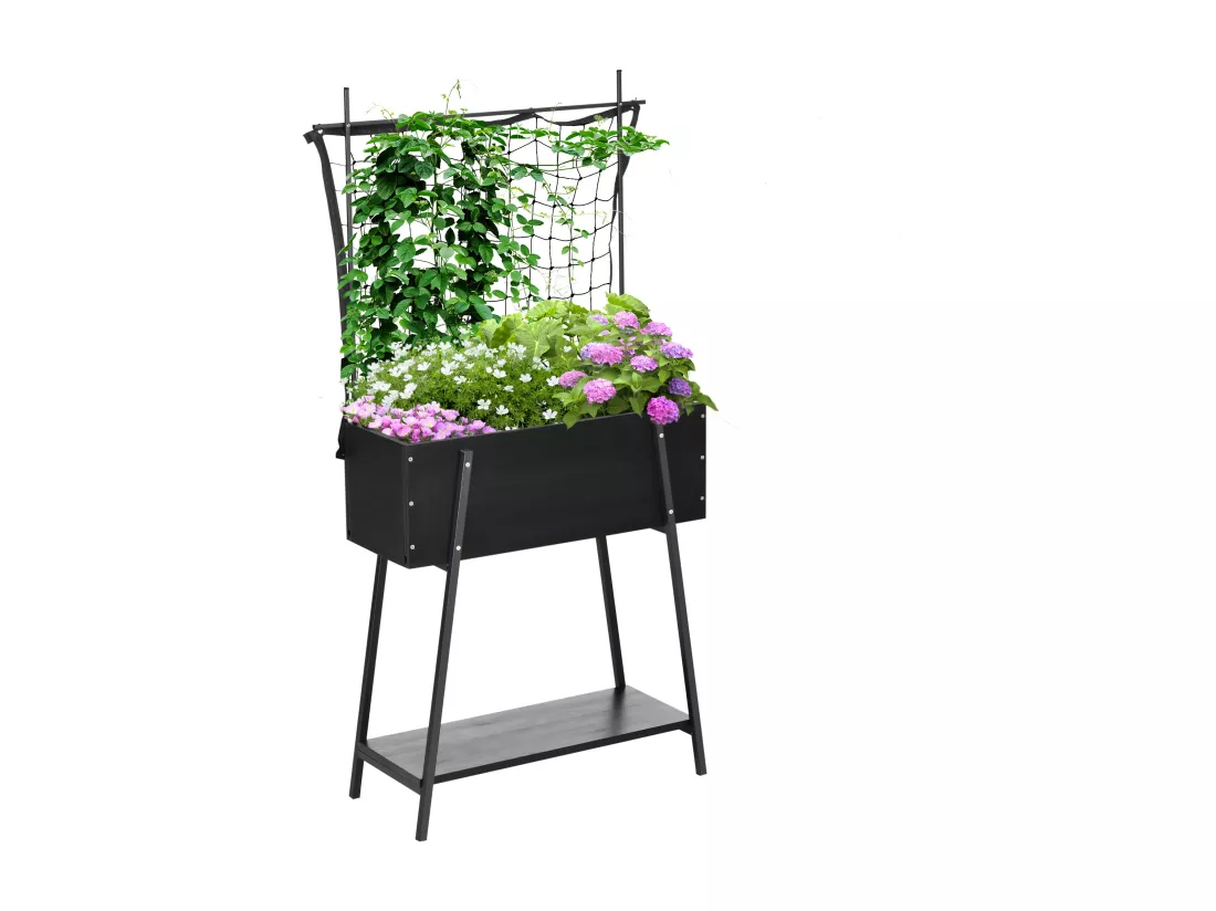 Jardinière sur pieds avec treillis filet - étagère, inserts d'irrigation - châssis métal époxy noir bois sapin noir