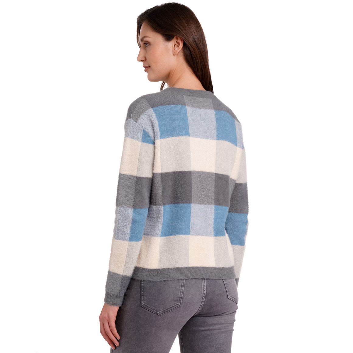 Gina Damen Strickpullover mit Karo-Muster grau / cremeweiss / blau