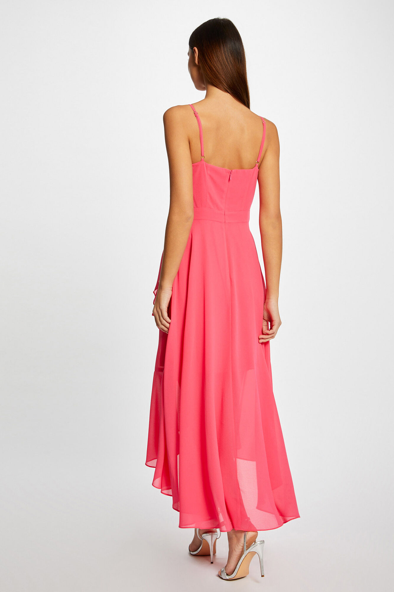 Vestido longo evasê com babados - Fúcsia