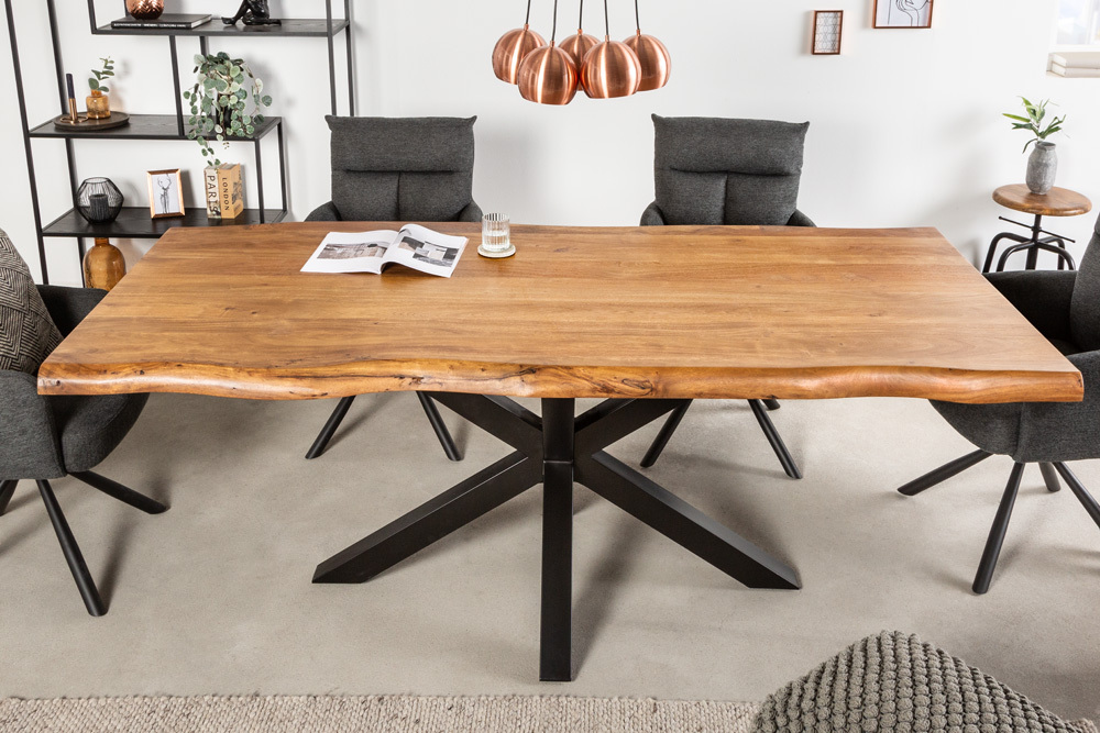 Massivholz Esstisch MAMMUT NATURE 220cm Akazie Metallgestell schwarz Baumkante 6cm Tischplatte