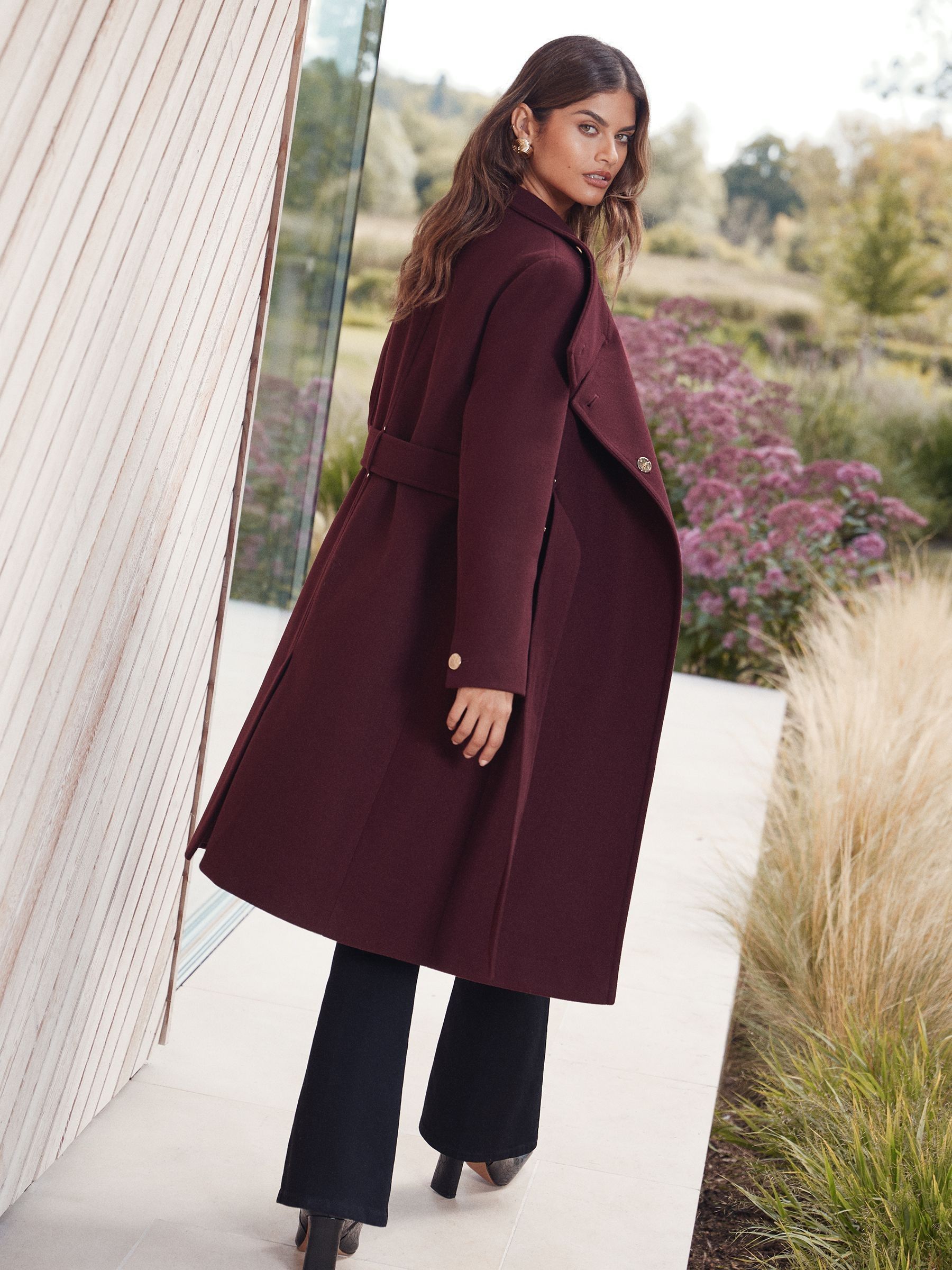 Bessenrood - Lipsy asymmetrische jas met trechterhals en riem