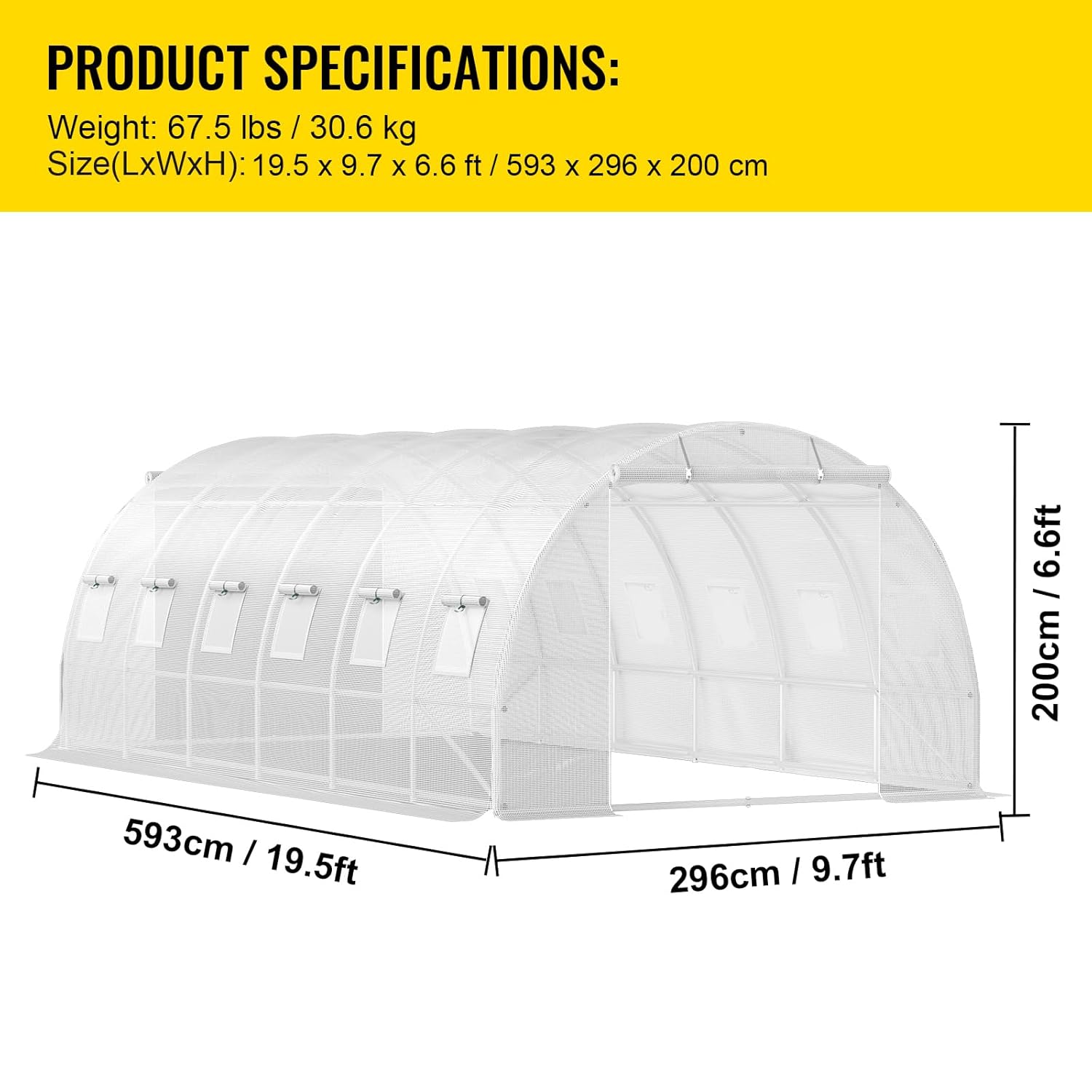 VEVOR Tragbares Tunnel-Gewächshaus, 6,1 x 3 x 2,1 m, mit Bögen aus verzinktem Stahl, 3 oberen Balken, 4 diagonalen Pfosten, 2 Reißverschlusstüren und 12 aufrollbaren Fenstern, Weiß
