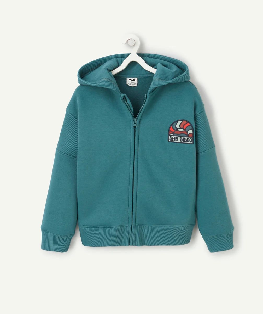 GILET À CAPUCHE GARÇON EN COTON BIO VERT AVEC PATCH BRODÉ SAN DIEGO