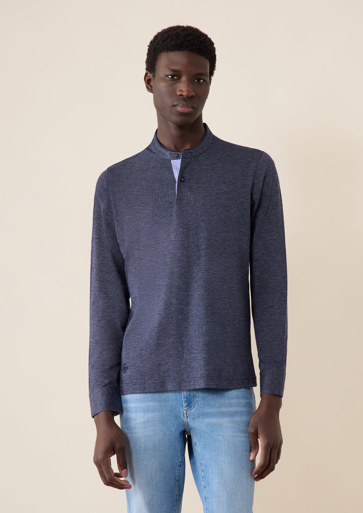 Polo manches longues Slim en coton uni bleu jeans à col officier