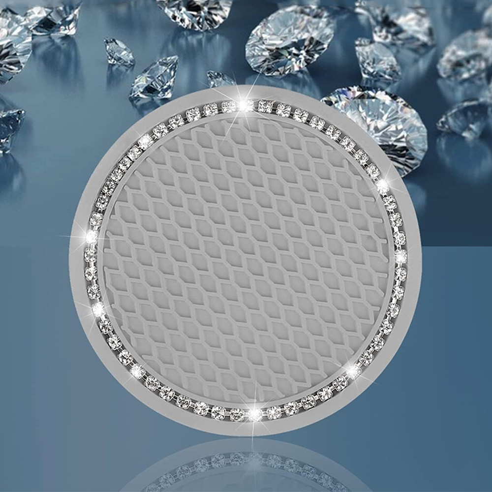 (4er Set) Ø7cm Auto Anti-Rutsch Glitzer Getränke Untersetzer Strassstein Accessoire - Grau / Silber