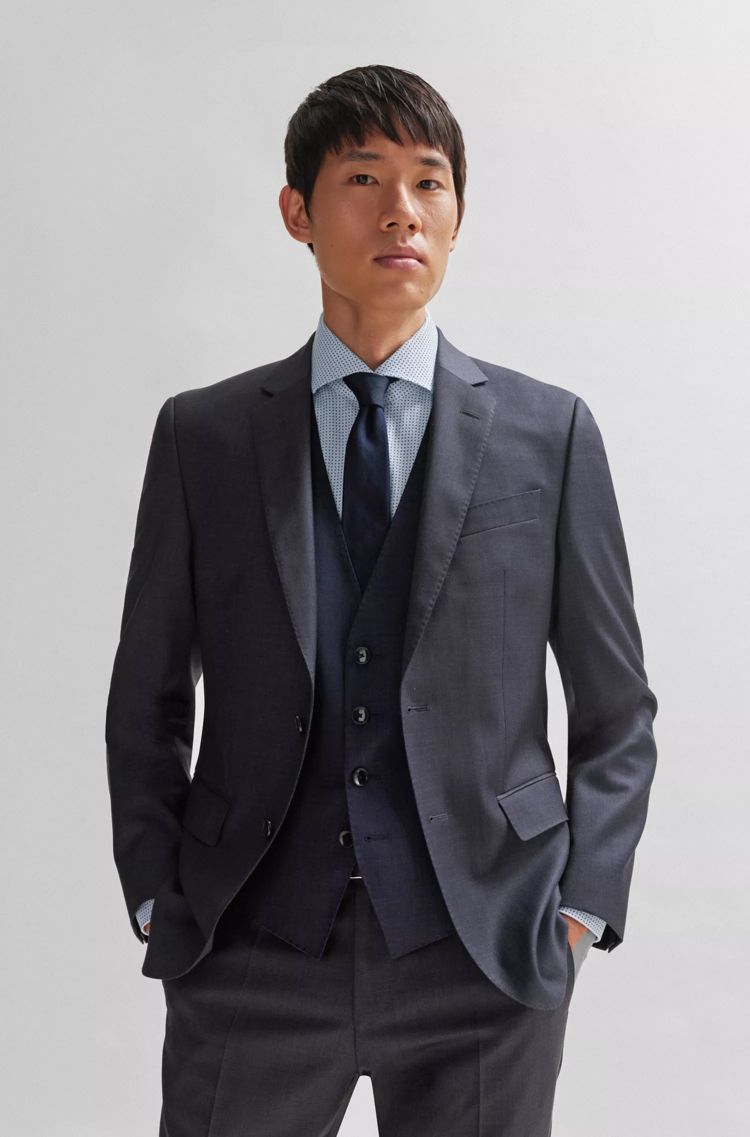 Camisa BOSS preta de corte slim em algodão Oxford stretch estampado.
