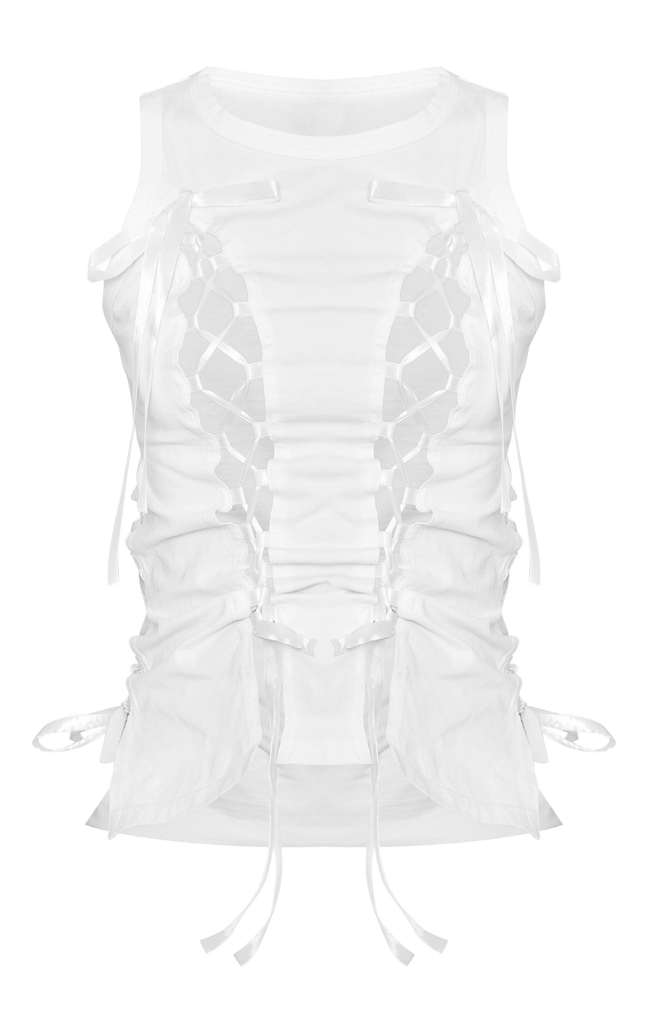 Blanc Gilet Long En Coton Avec Nœud