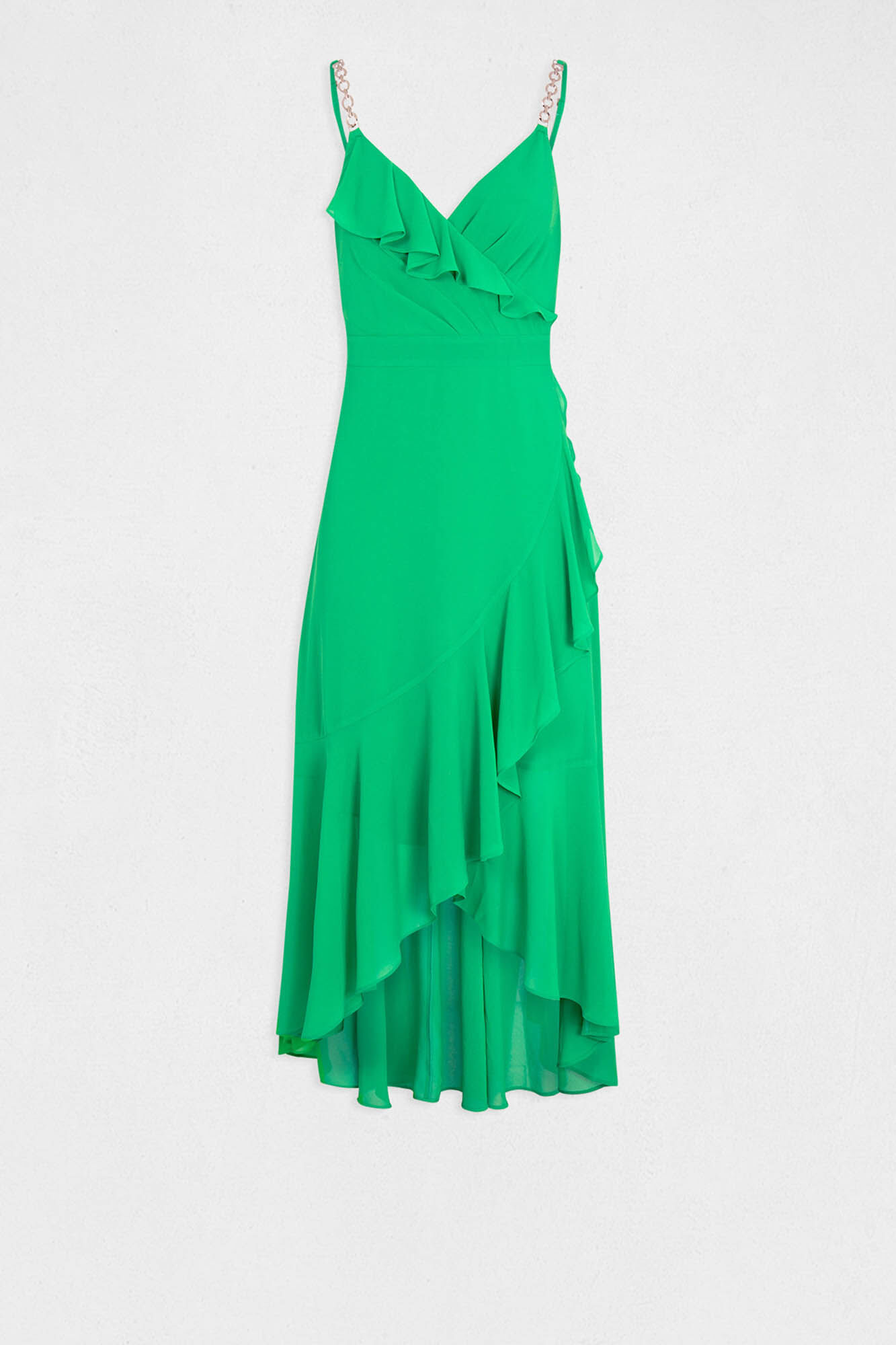 Vestido longo evasê com babados - Verde