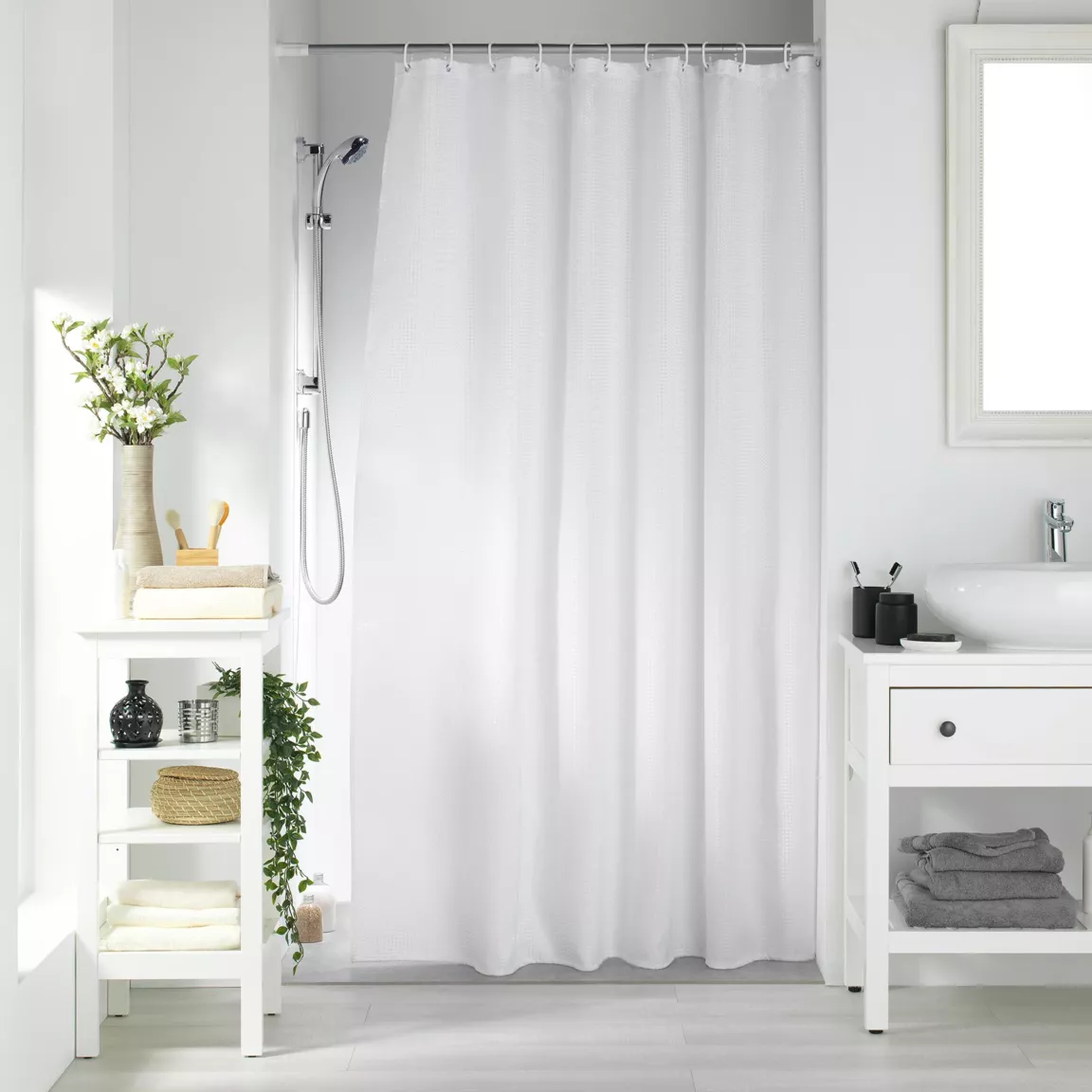 Rideau de douche effet tissé à anneaux (180 x 200 cm) Quartz Blanc