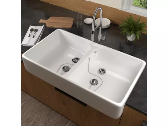 Evier double cuves blanc VILEROY ET BOCH O Novo 220 x 895 x 550 mm avec trop-plein