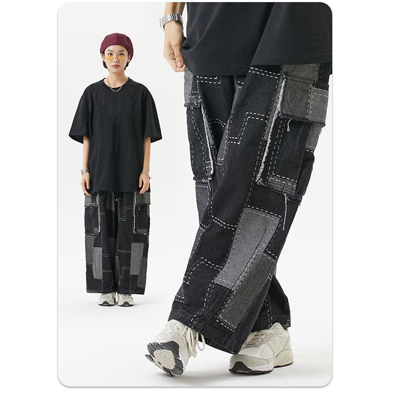 Adotuastic - Laag uitgesneden patchwork cargojeans met wijde pijpen