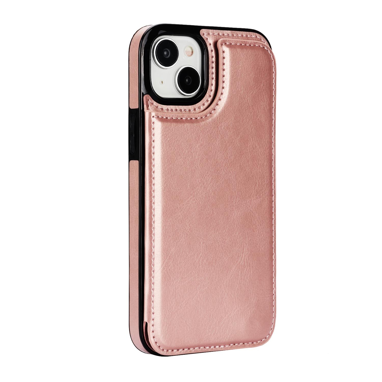iPhone 15 Hybrid Leder Hülle mit Kartenfach   Kickstand Aufsteller - Roségold