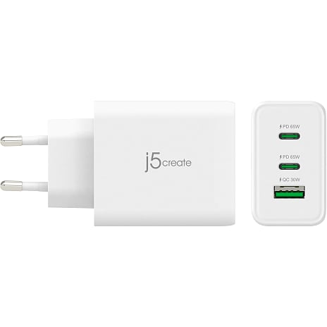 J5 USB-C og USB-A GaN oplader 65 W - hvid