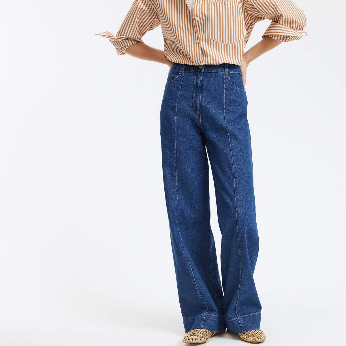 COLEÇÕES LA REDOUTE<br>Calça jeans de perna larga, detalhes de costura, cintura alta