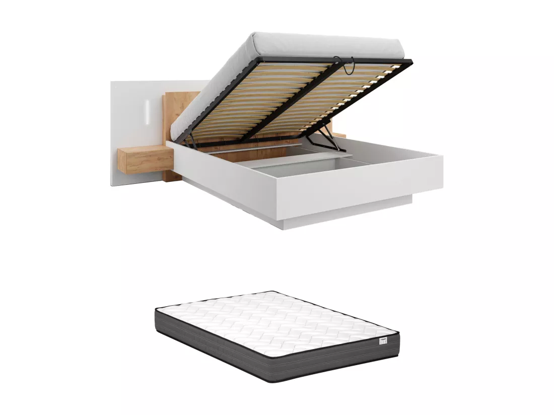 Lit coffre avec chevets 160 x 200 cm - 2 tiroirs - Avec LEDs - Coloris : Blanc et naturel + Matelas - FRANCOLI