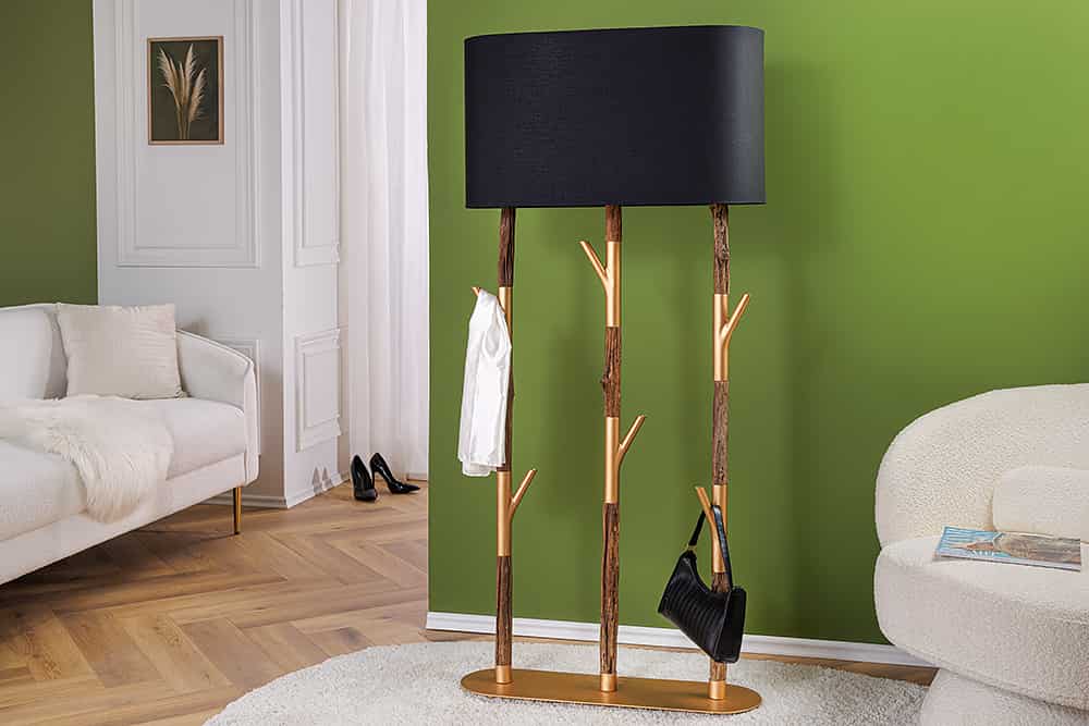 Handgefertigte Stehlampe WARDROBE 155cm schwarz gold natur Eisenholz Massivholz